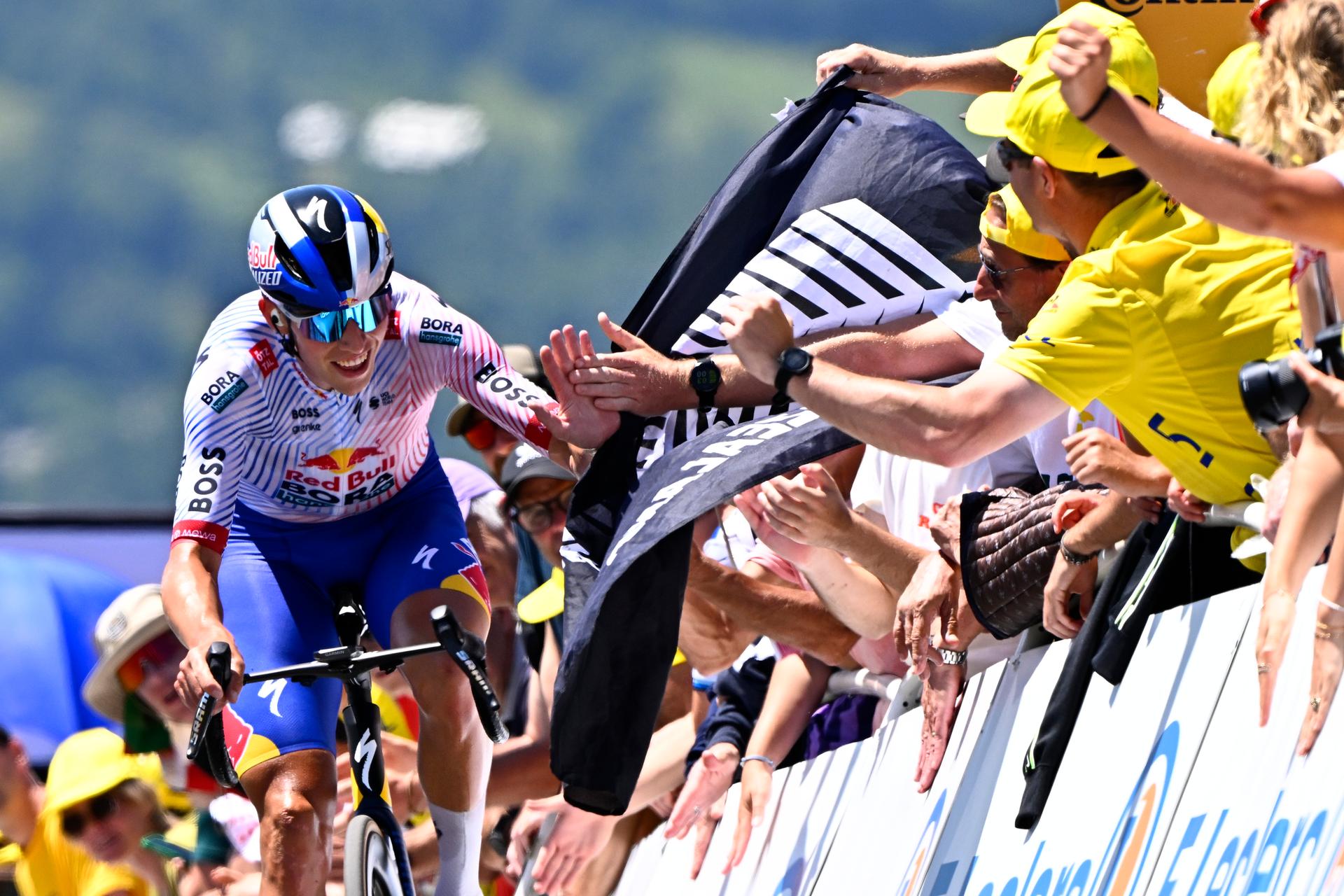 New Zealander Laurence Pithie of Red Bull-BORA-Hansgrohe pictured at the finish of stage 13 of the 2025 Tour de France cycling race, an 11km individual time trial from Loudenvielle to Peyragudes, on Friday 18 July 2025 in France. The 112th edition of the Tour de France starts on Saturday 5 July in Lille, France, and will finish in Paris, France on the 27th of July. BELGA PHOTO JASPER JACOBS