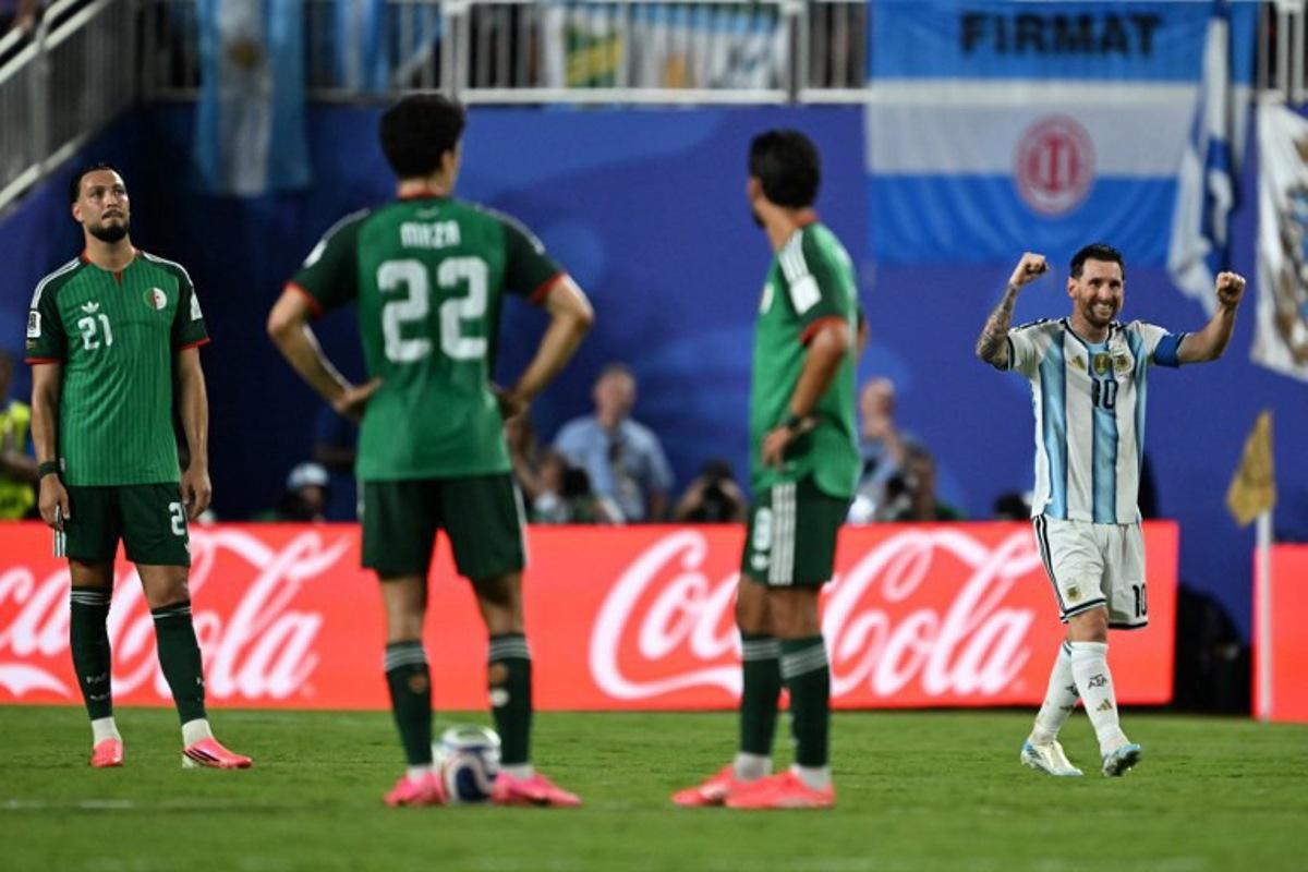 Argentina's forward #10 Lionel Messi celebrates scoring his team's third goal during the 2026 World Cup Group J football match between Argentina and Algeria at the Kansas City Stadium in Kansas City on June 16, 2026. ROBERTO SCHMIDT / AFP