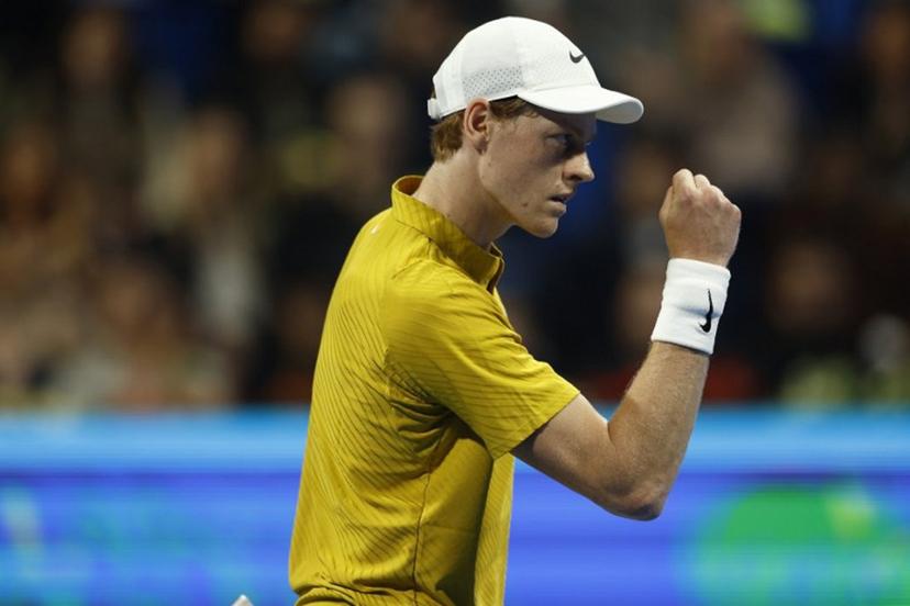 Italy's Jannik Sinner reacts during their men's singles quarterfinal match against Czech Republic's Jakub Mensik at the Qatar Open tennis tournament in Doha on February 19, 2026. Karim JAAFAR / AFP