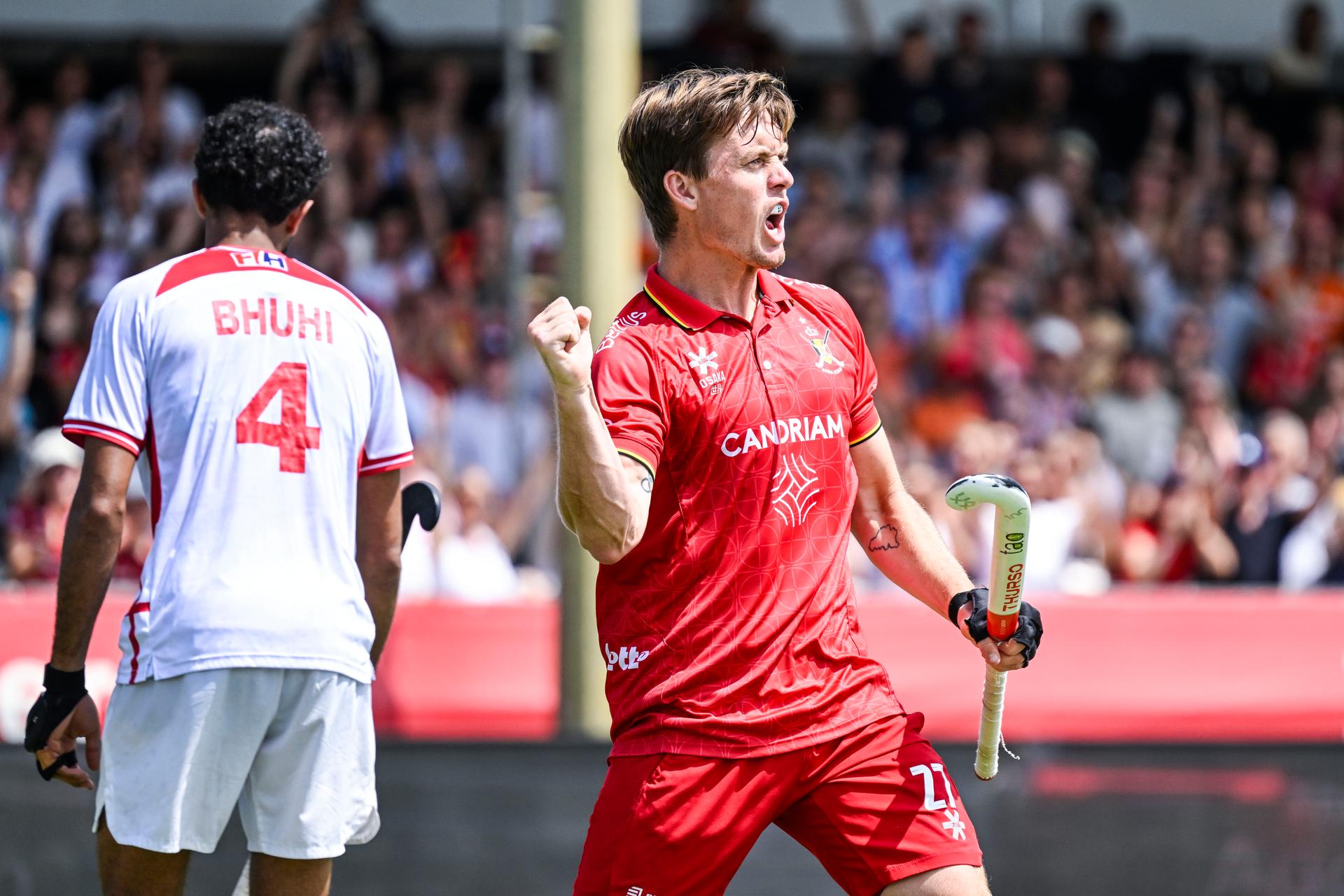 Belgium's Tom Boon celebrates after scoring during a hockey game between Belgian national team Red Lions and England, match 16/16 in the group stage of the 2025 men's FIH Pro League, Sunday 29 June 2025 in Antwerp. BELGA PHOTO TOM GOYVAERTS