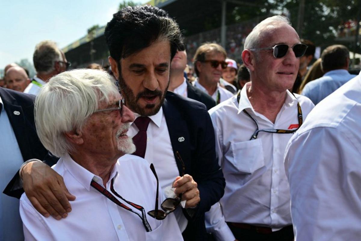 British former chief executive of the Formula One Group Bernie Ecclestone and FIA president Mohammed Ben Sulayem (C) attend the Italian Formula One Grand Prix race at Autodromo Nazionale Monza circuit, in Monza on September 1, 2024. Andrej ISAKOVIC / AFP