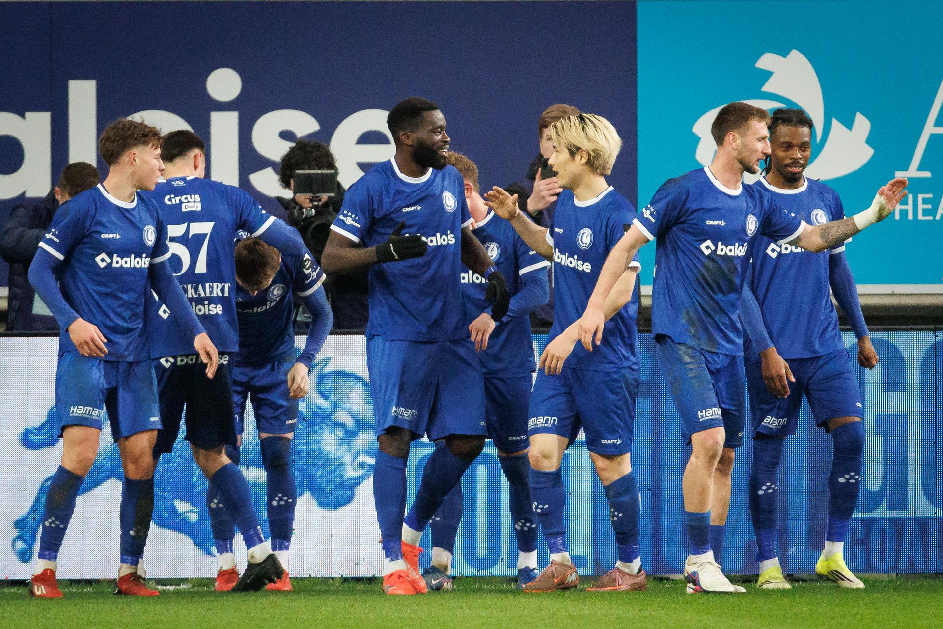 Gent's Wilfried Kanga celebrates after scoring during a soccer match between KAA Gent and Zulte Waregem, Friday 13 March 2026 in Gent, on day 29 of the 2025-2026 'Jupiler Pro League' first division of the Belgian championship. BELGA PHOTO KURT DESPLENTER