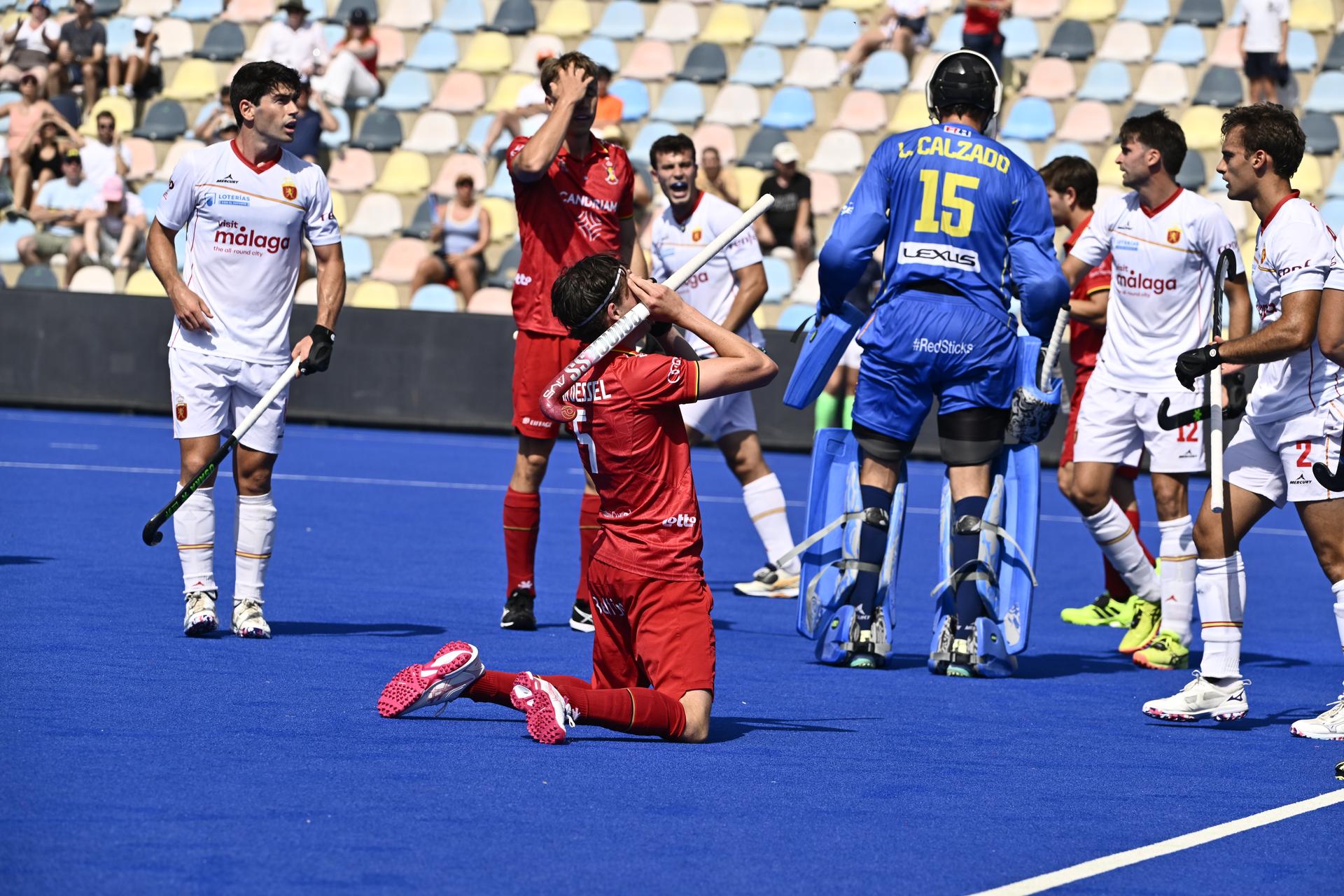 Belgium's Arno Van Dessel reacts at a hockey game between Spain and the Belgian national team Red Lions, match 3/3 in the pool stage of the 2025 men's European championships, Tuesday 12 August 2025 in Monchengladbach, Germany. BELGA PHOTO ERIC LALMAND