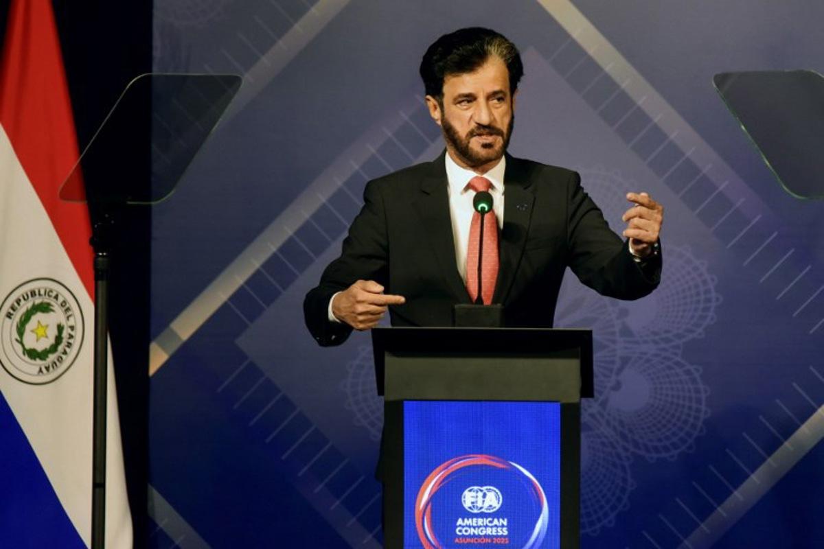 The International Automobile Federation (FIA) President Mohammed Ben Sulayem delivers a speech during the inauguration of the FIA American Congress Asuncion 2025 at the Sheraton Hotel in Asuncion on August 25, 2025. DANIEL DUARTE / AFP