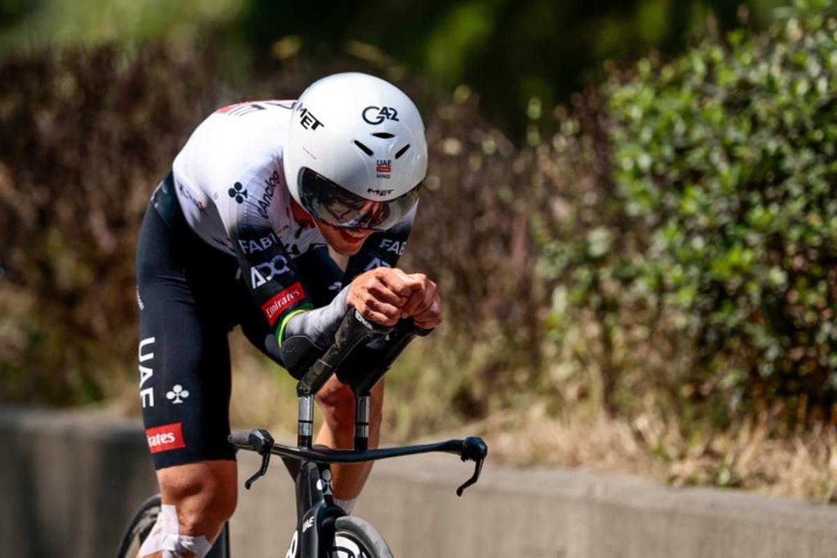 UAE Team Emirates XRG's Australian rider Jay Vine competes during the second stage of the 108th Giro d'Italia cycling race, a 13.7km individual time-trial from Tirana to Tirana in Albania, on May 10, 2025. Luca Bettini / AFP