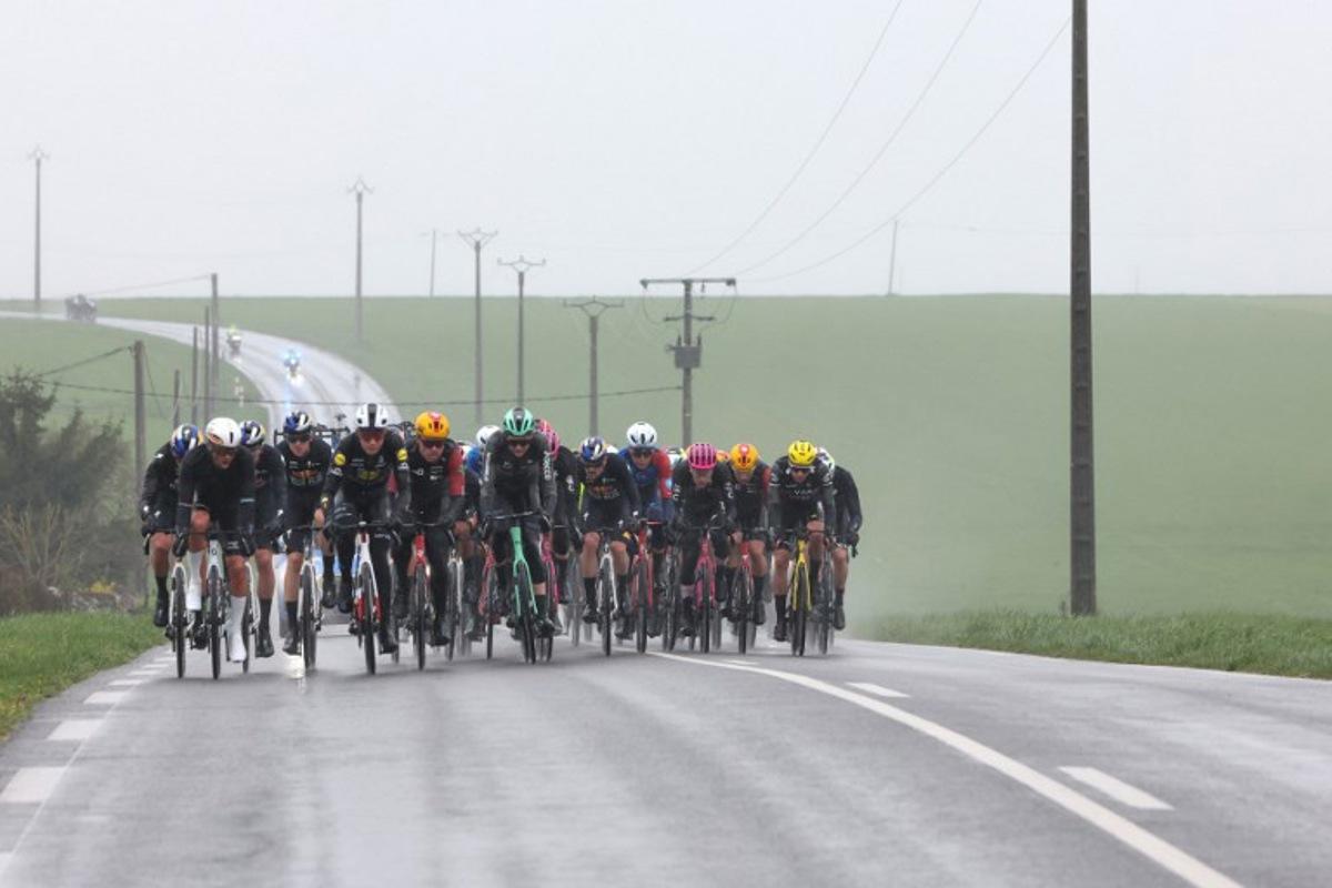 A group of riders cycle in a breakaway during the 4th stage of the Paris-Nice cycling race, 195 km between Bourges and Uchon, on March 11, 2026. Anne-Christine POUJOULAT / AFP