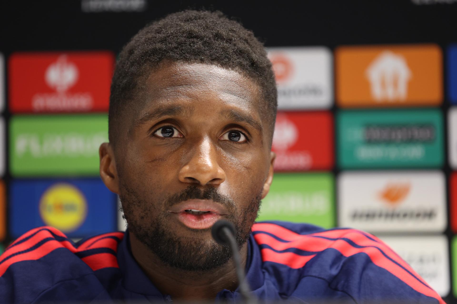 Lyon's Clinton Mata pictured at a press conference of French club Olympique Lyonnais (OL) ahead of the game against Belgian soccer team RSC Anderlecht , Tuesday 15 September 2026 in Brussels, for the first day (out of 8) of the league phase of the UEFA Europa League phase. BELGA PHOTO VIRGINIE LEFOUR