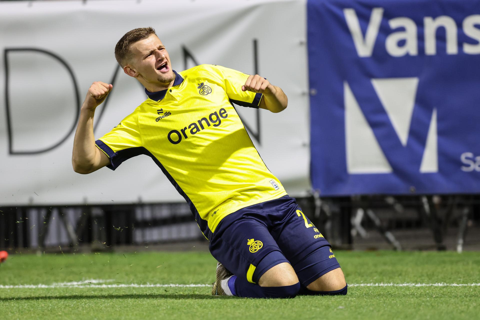 Union's Ilan Hurtevent celebrates after scoring during a soccer match between Royale Union Saint-Gilloise and Lommel SK, Saturday 12 September 2026 in Brussels, on day 6 of the 2026-2027 'Jupiler Pro League' first division of the Belgian championship. BELGA PHOTO BRUNO FAHY