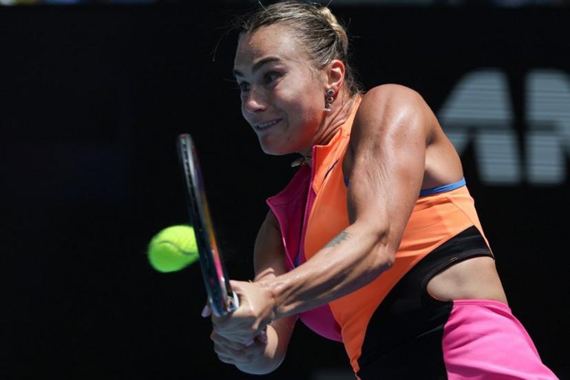 Belarus' Aryna Sabalenka hits a return against Canada's Victoria Mboko during their women's singles match on day eight of the Australian Open tennis tournament in Melbourne on January 25, 2026. DAVID GRAY / AFP
