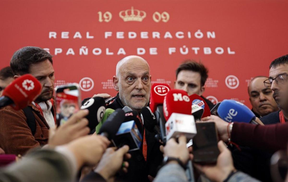 Spain's LaLiga president Javier Tebas speaks to the media at the Ciudad del Futbol in Las Rozas, outside Madrid, on December 16, 2024. OSCAR DEL POZO / AFP