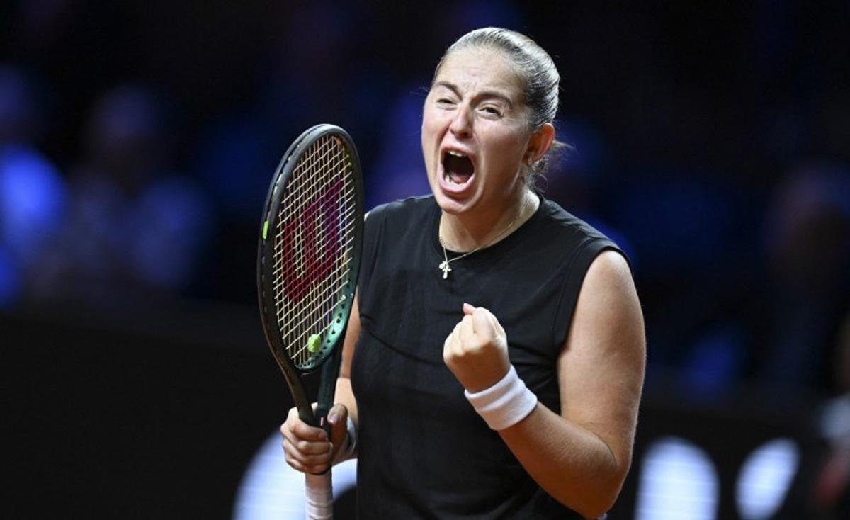 Latvia's Jelena Ostapenko reacts after winning the semi-final match against Russia's Ekaterina Alexandrova (unseen) at the Women's Tennis Grand Prix WTA tournament in Stuttgart, southwestern Germany, on April 20, 2025. THOMAS KIENZLE / AFP