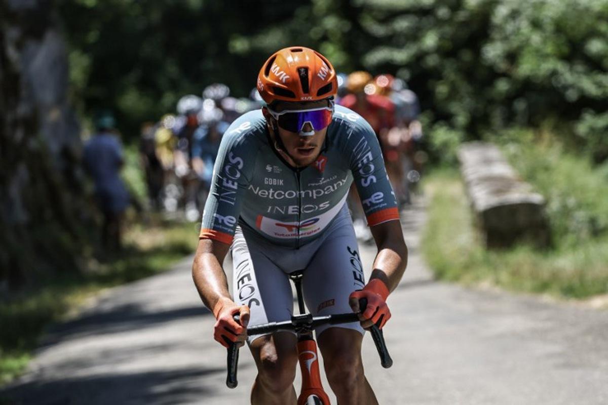 Netcompany Ineos Cycling Team's French rider Kévin Vauquelin cycles during the 7th stage of the Tour Auvergne-Rhone-Alpes cycling race (formerly known as the Criterium du Dauphine), 133,6km between La Bridoire and Grand Colombier in the French Alps on June 13, 2026. Anne-Christine POUJOULAT / AFP