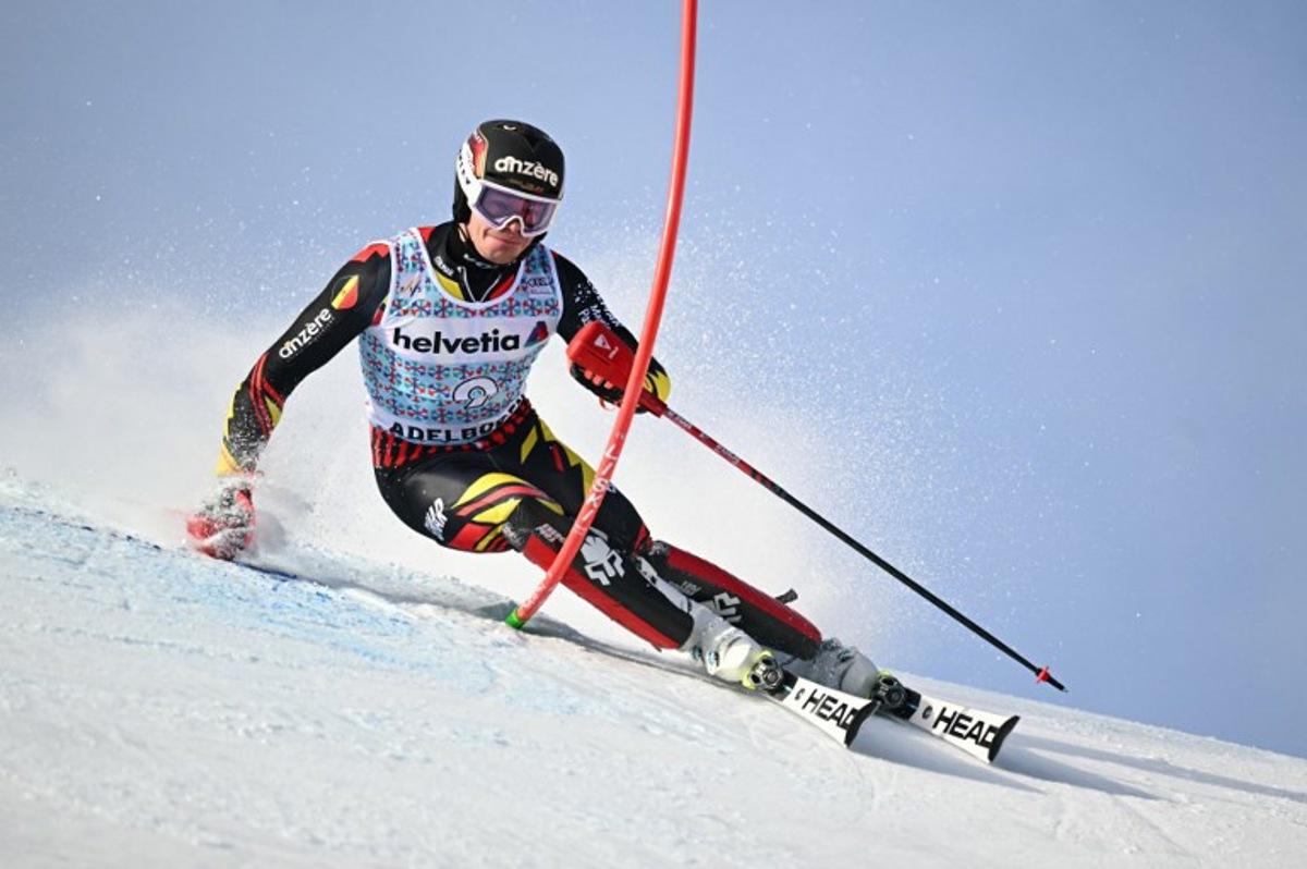 Belgium's Armand Marchant competes in the first run of the Men's Slalom, part of the FIS Alpine Ski World Cup 2025-2026 in Adelboden, soutwestern Switzerland on January 11, 2026. Fabrice COFFRINI / AFP