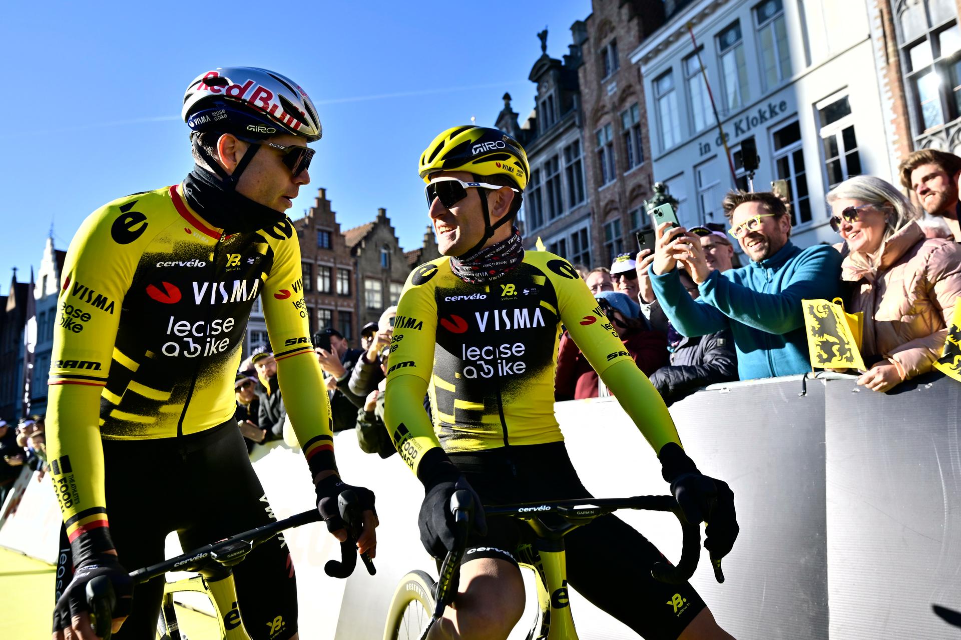 Belgian Wout van Aert of Team Visma-Lease a Bike and Belgian Tiesj Benoot of Team Visma-Lease a Bike pictured at the start of the men's race of the 'Ronde van Vlaanderen/ Tour des Flandres/ Tour of Flanders' one day cycling race, 268,9km from Brugge to Oudenaarde, Sunday 06 April 2025. BELGA PHOTO DIRK WAEM