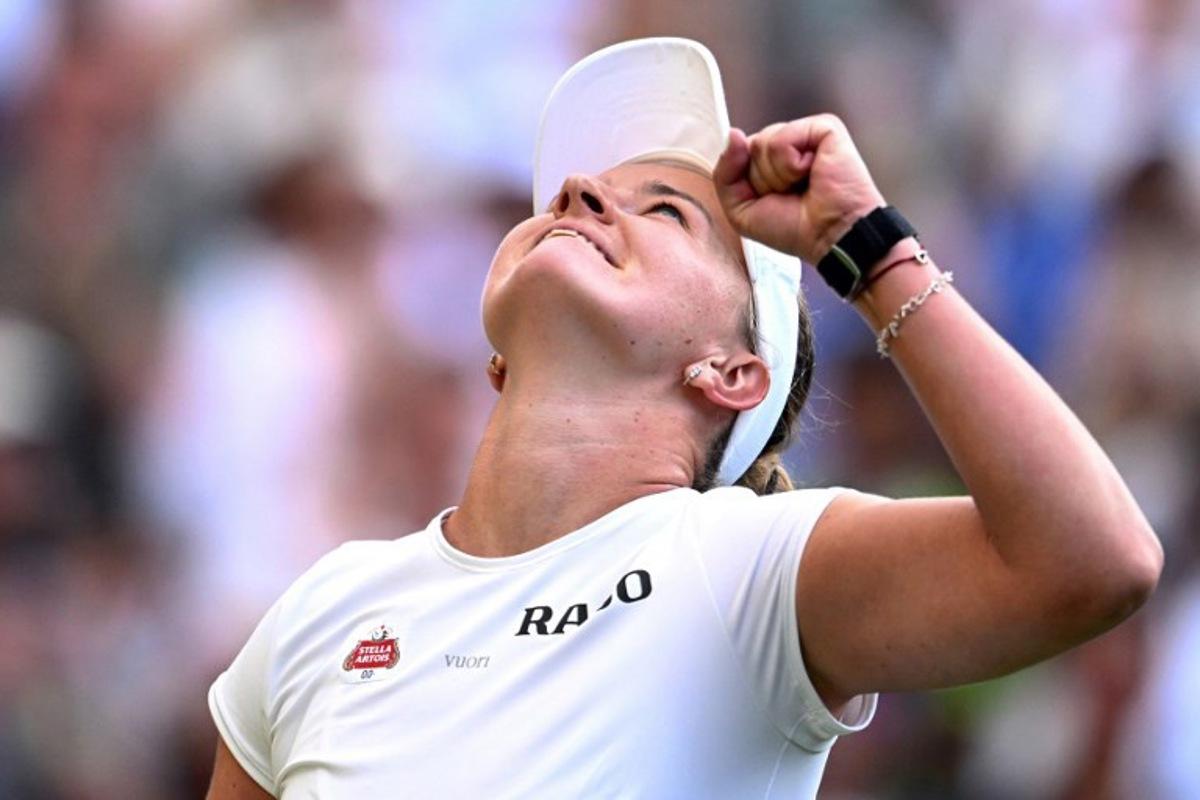 Czech Republic's Barbora Krejcikova reacts to beating Russia's Mirra Andreeva during their women's singles second round tennis match on the third day of the 2026 Wimbledon Championships at The All England Lawn Tennis and Croquet Club in Wimbledon, southwest London, on July 1, 2026. Kirill KUDRYAVTSEV / AFP