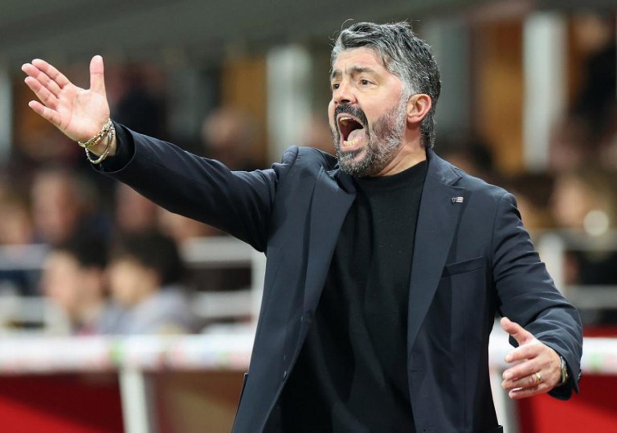 Marseillle's Italian head coach Gennaro Gattuso reacts during the French L1 football match between Stade Brestois 29 (Brest) and Olympique de Marseille (OM) at the Francis-Le Ble stadium in Brest, western France, on February 18, 2024. FRED TANNEAU / AFP