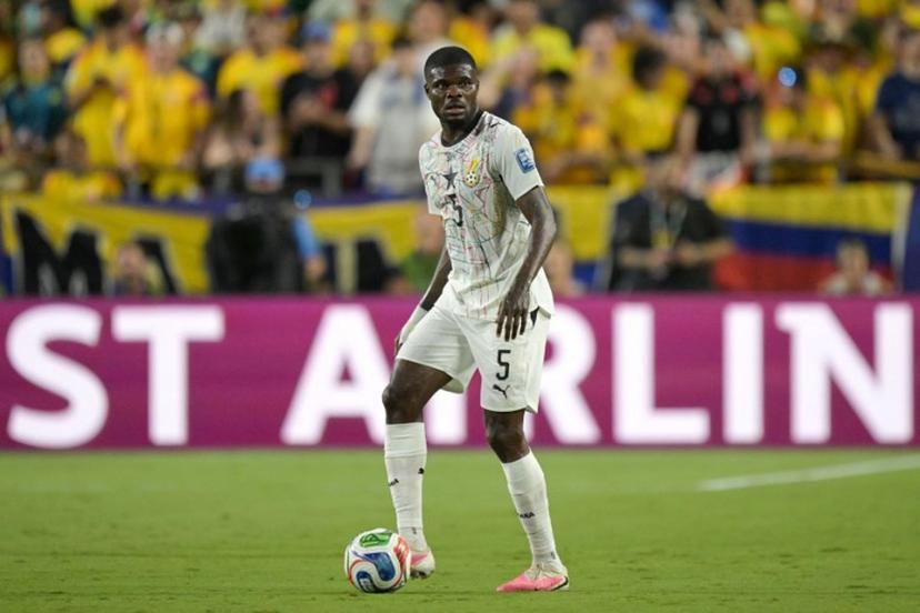 Ghana's midfielder #05 Thomas Partey controls the ball during the 2026 World Cup round of 32 football match between Colombia and Ghana at the Kansas City Stadium in Kansas City on July 3, 2026. JUAN MABROMATA / AFP