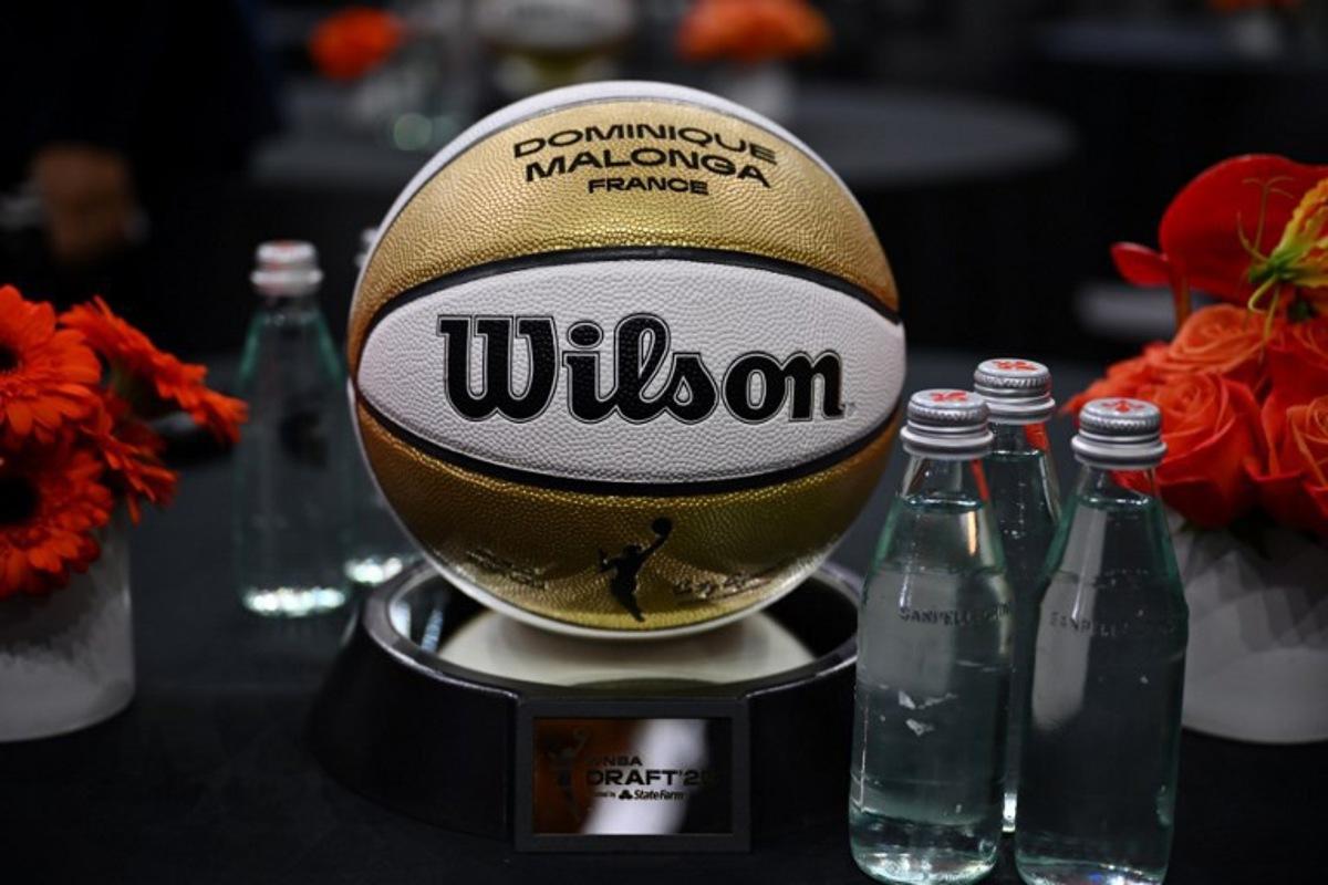 A ball with name of French player Dominique Malonga is seen during the 2025 WNBA Draft at the Shed in New York City on April 14, 2025. ANGELA WEISS / AFP
