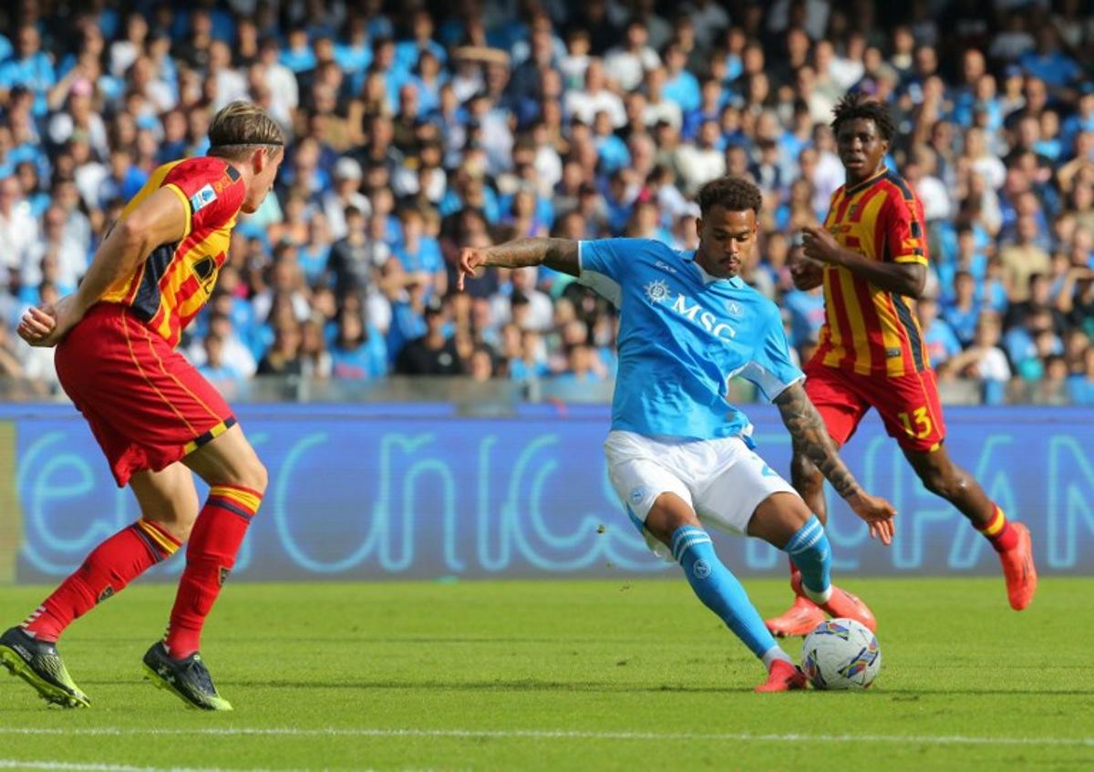 Napoli's Belgian forward #26 Cyril Ngonge kicks the ball during the Italian Serie A football match between Napoli and Lecce at the Diego Armando Maradona stadium in Naples on October 26, 2024. CARLO HERMANN / AFP