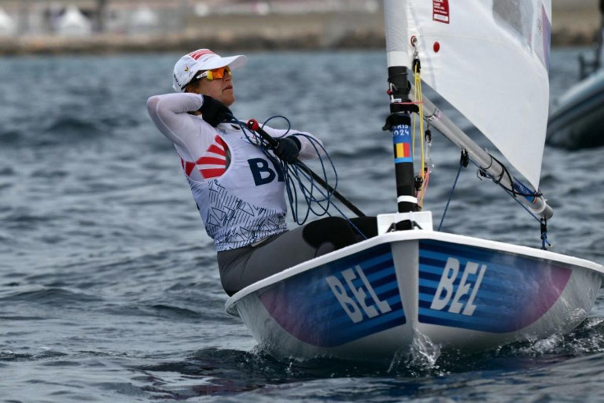 Belgium's Emma Plasschaert prepares for the medal race of the women's ILCA 6 single-handed dinghy event during the Paris 2024 Olympic Games sailing competition at the Roucas-Blanc Marina in Marseille on August 7, 2024. Christophe SIMON / AFP