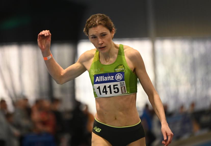 Belgian Helena Ponette finishes and qualify for the worlds with her time in the 400m race at the Belgian indoor athletics championships, on Sunday 01 March 2026 in Louvain-la-Neuve. BELGA PHOTO ELIAS ROM