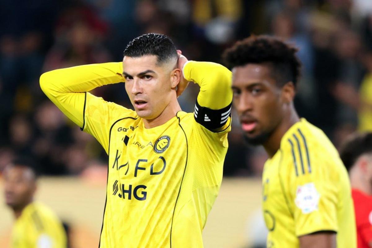 Nassr's Portuguese forward #07 Cristiano Ronaldo reacts during the Saudi Pro League football match between Al-Nassr FC and Al-Qadsiah at al-Awwal Park stadium in Riyadh on January 8, 2026. Fayez NURELDINE / AFP