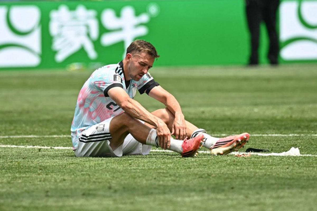 Belgium's defender #21 Timothy Castagne reacts after losing the 2026 World Cup football tournament quarter-final match between Spain and Belgium at the Los Angeles Stadium in Inglewood on July 10, 2026. Paul ELLIS / AFP