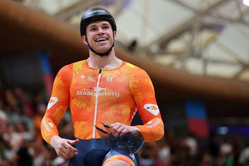 Netherlands' #168 Harrie Lavreysen reacts after winning gold in the men's sprint event final at the 2025 UCI Track World Championships, in the Penalolen Velodrome in Santiago, on October 26, 2025. Javier TORRES / AFP