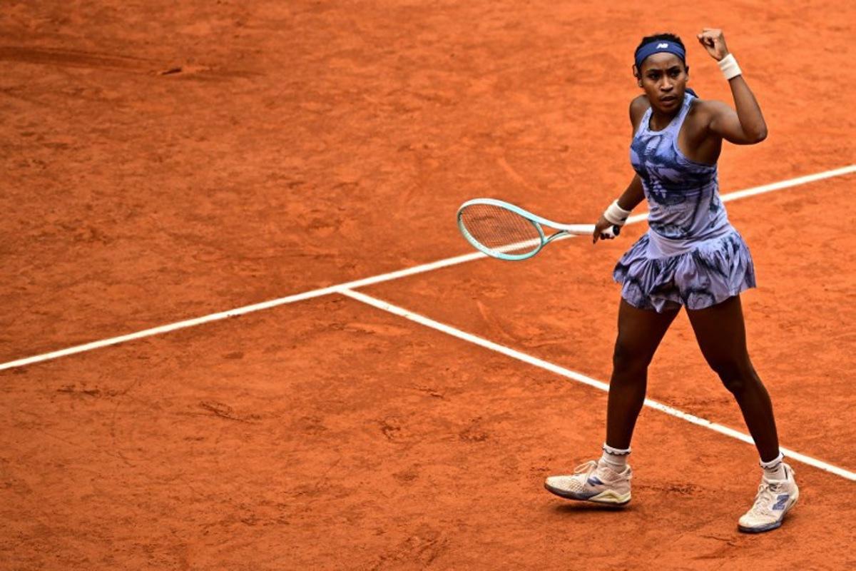 US Coco Gauff reacts after a point during her women's singles final match against Belarus' Aryna Sabalenka on day 14 of the French Open tennis tournament on Court Philippe-Chatrier at the Roland-Garros Complex in Paris on June 7, 2025. JULIEN DE ROSA / AFP
