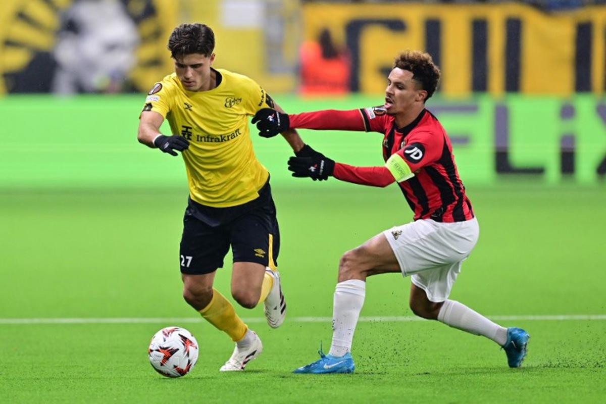 IF Elfsborg's Sweden's midfielder #27 Besfort Zeneli (L) and Nice's Moroccan midfielder #10 Sofiane Diop vie for the ball during the UEFA Europa League football match between IF Elfsborg and OGC Nice in Boras on January 23, 2025. Bjorn LARSSON ROSVALL / TT NEWS AGENCY / AFP