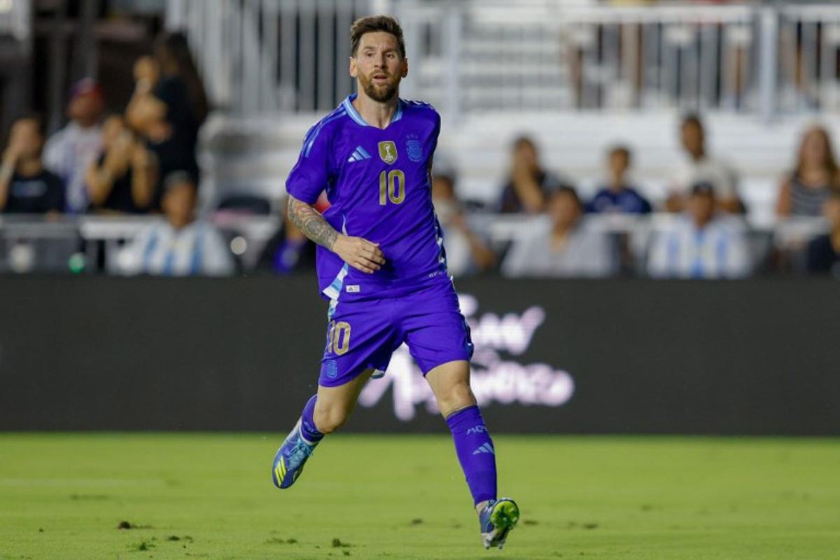 Argentina's forward #10 Lionel Messi reacts during the international friendly football match between Argentina and Puerto Rico at Chase Stadium in Fort Lauderdale, Florida, on October 14, 2025. Chris Arjoon / AFP