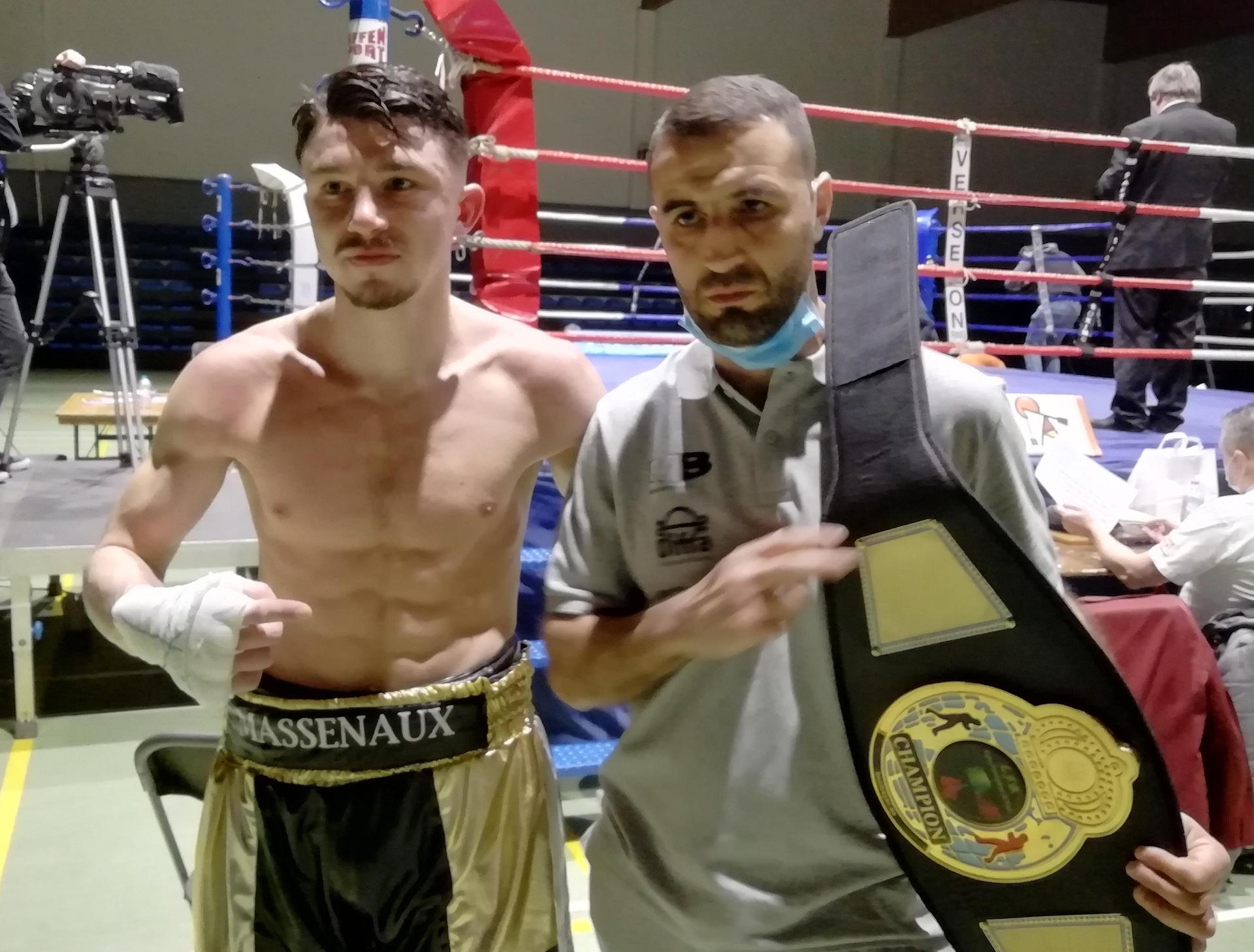 Amaury Massenaux and his coach Rachid Mokhtari pictured at the Vise boxing gala, Saturday 03 April 2021. BELGA PHOTO BERNARD CERF