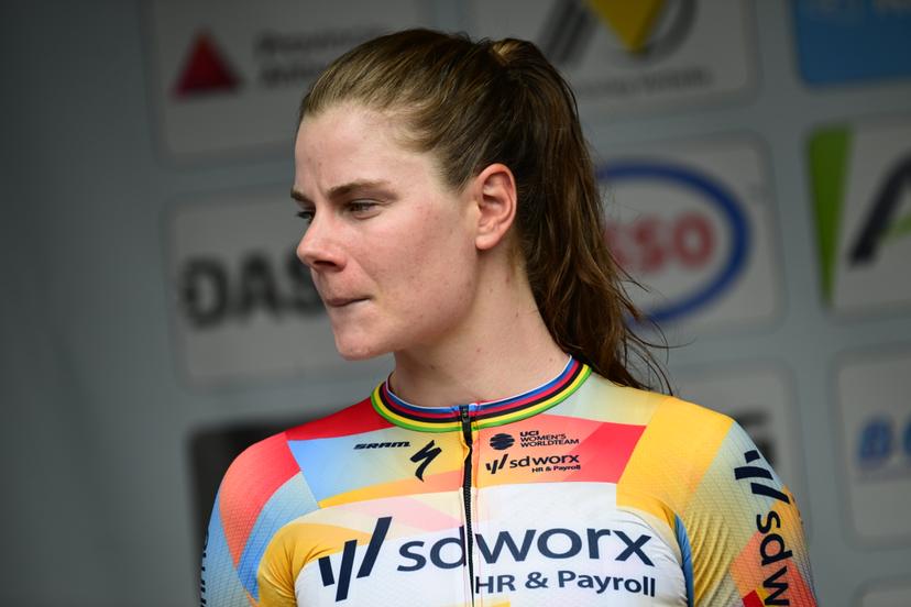 2nd place Lotte Kopecky pictured on the podium of the women's elite race (137km) at the Belgian Cycling Championships, in Brasschaat, on Sunday 28 June 2026. BELGA PHOTO TOM GOYVAERTS