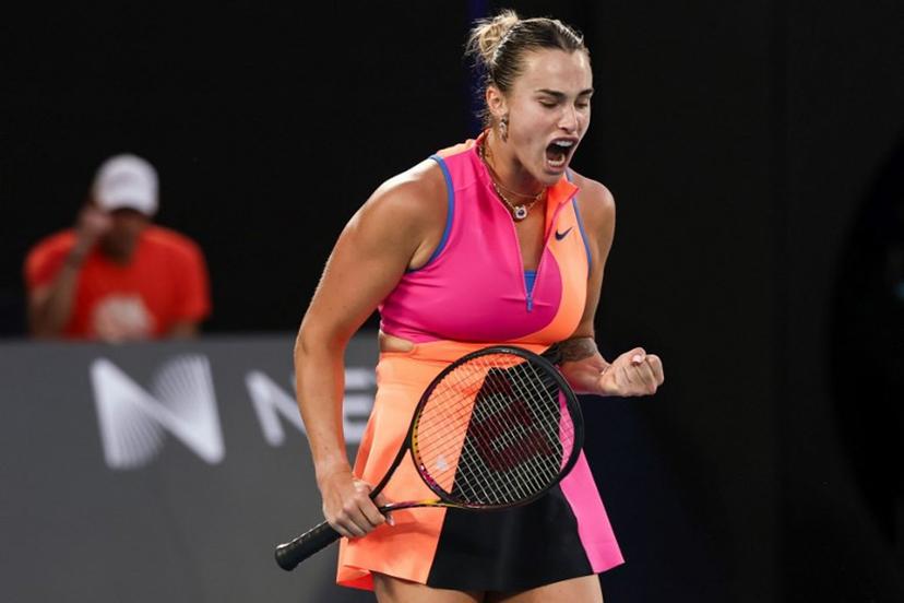 Belarus' Aryna Sabalenka celebrates after winning the first set against Ukraine's Elina Svitolina during their women's singles semi-final match on day twelve of the Australian Open tennis tournament in Melbourne on January 29, 2026. IZHAR KHAN / AFP
