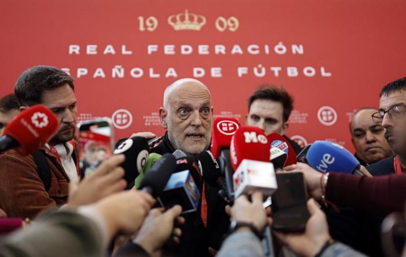 Spain's LaLiga president Javier Tebas speaks to the media at the Ciudad del Futbol in Las Rozas, outside Madrid, on December 16, 2024. OSCAR DEL POZO / AFP