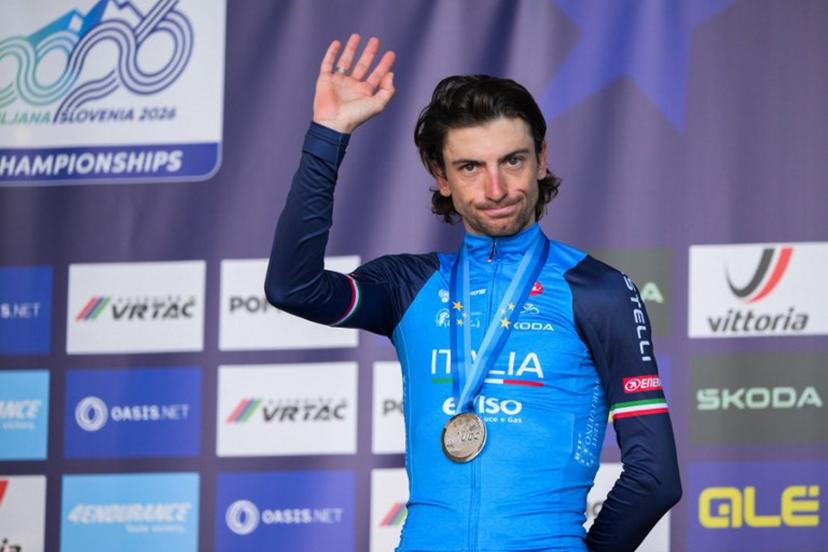 Silver medallist Italy's rider Giulio Ciccone reacts on the podium after the men's elite road race of the UEC European Road Cycling Championships in Sencur, near Ljubljana, Slovenia, on October 4, 2026. JURE MAKOVEC / AFP