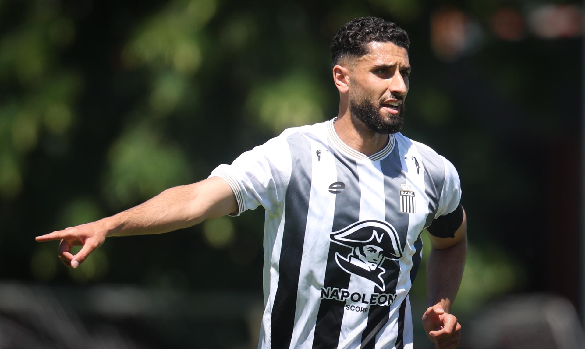 Charleroi's Aiham Ousou gestures during a friendly soccer game between Belgian first division team Sporting Charleroi and French second division team Stade de Reims on Saturday 11 July 2026 in Charleroi, in preparation of the upcoming 2026-2027 Belgian soccer season. BELGA PHOTO VIRGINIE LEFOUR