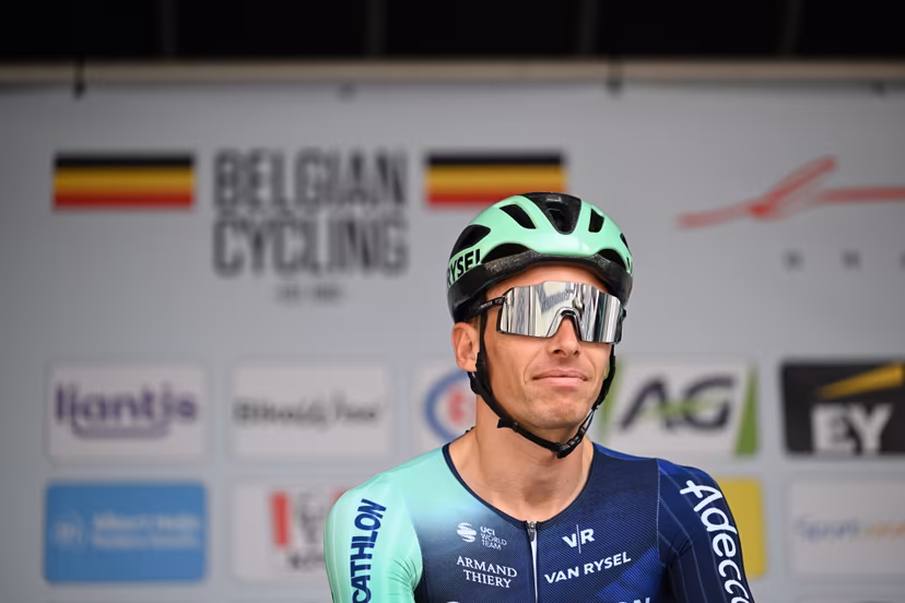 Belgian Oliver Naesen of Decathlon CMA CGM Team pictured at the start of the men's elite race (240km) of the Belgian Cycling Championships, from the Grote Markt square in Antwerp to Brasschaat on Sunday 28 June 2026. BELGA PHOTO MAARTEN STRAETEMANS