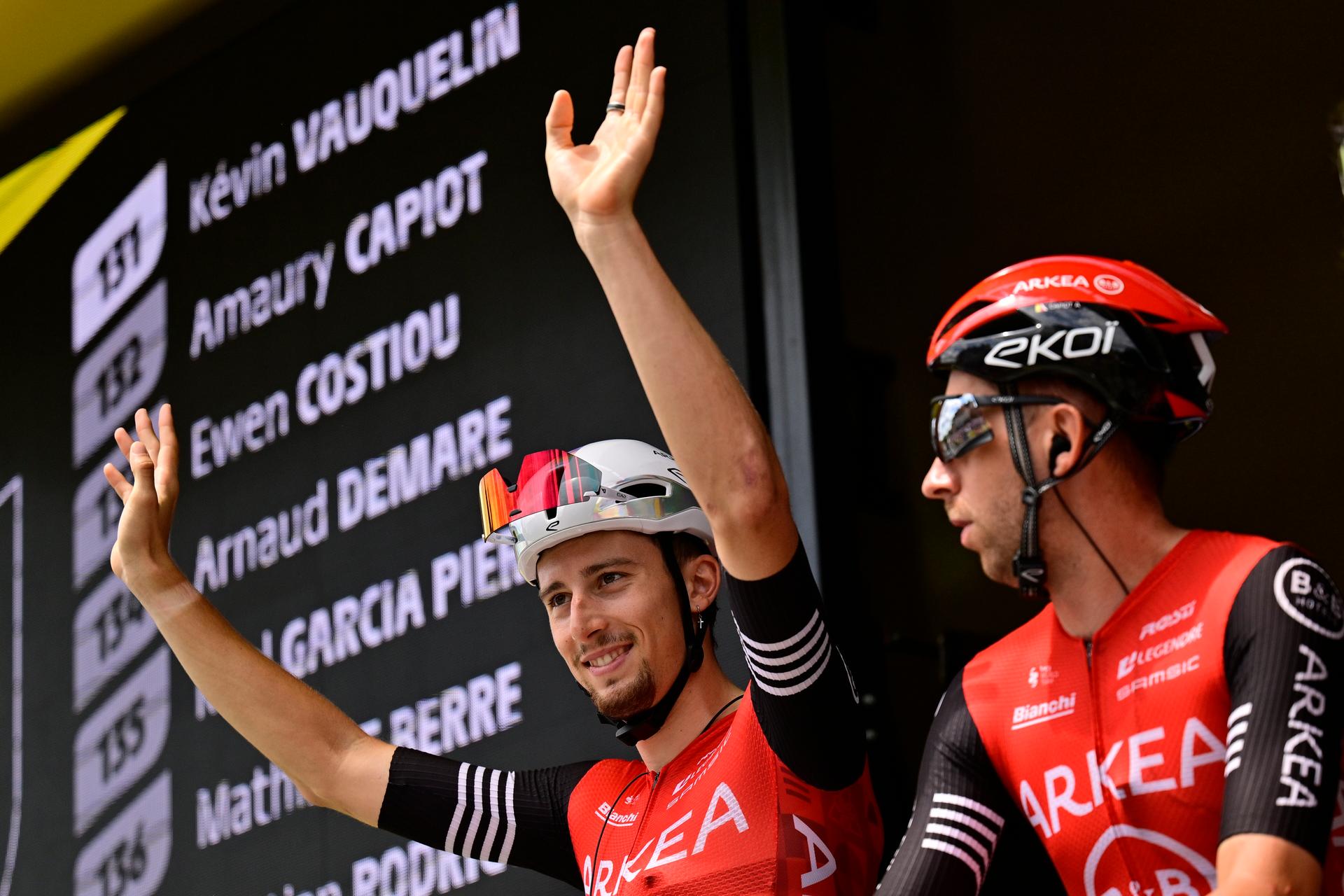 French Kevin Vauquelin of Arkea-B&B Hotels and Belgian Amaury Capiot of Arkea-B&B Hotels pictured at the start of stage 15 of the 2025 Tour de France cycling race, from Muret to Carcasonne (169 km), on Sunday 20 July 2025 in France. The 112th edition of the Tour de France starts on Saturday 5 July in Lille, France, and will finish in Paris, France on the 27th of July. BELGA PHOTO DIRK WAEM