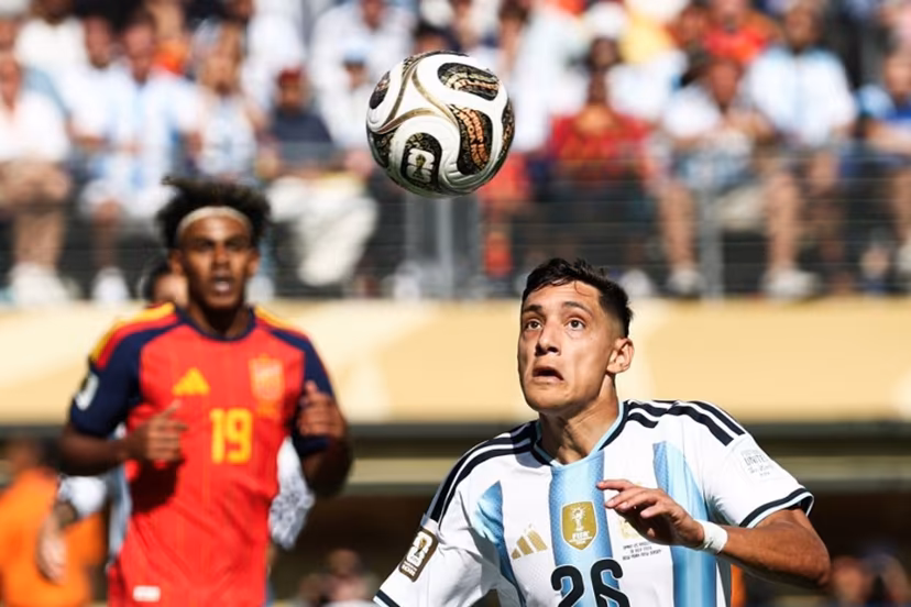 Argentina's defender #26 Nahuel Molina looks at the ball during the 2026 World Cup football tournament final match between Spain and Argentina at the New York/New Jersey Stadium in East Rutherford on July 19, 2026. FRANCK FIFE / AFP