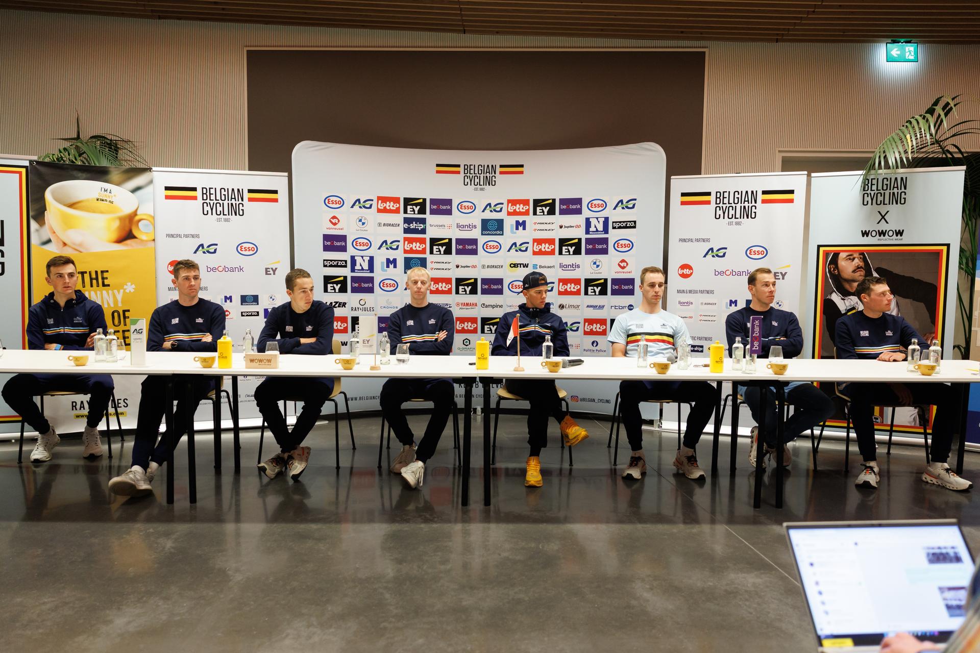 Belgian ryders pictured during a press conference ahead of the UEC Cyclocross European championships, Friday 07 November 2025, Middelkerke. The European cyclocross championships take place on 8 and 9 November. BELGA PHOTO KURT DESPLENTER