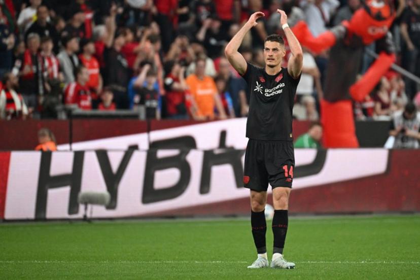 Bayer Leverkusen's Czech forward #14 Patrik Schick celebrates scoring the 3-0 goal during the German first division Bundesliga football match between Bayer 04 Leverkusen and RB Leipzig in Leverkusen, western Germany, on May 2, 2026. UWE KRAFT / AFP