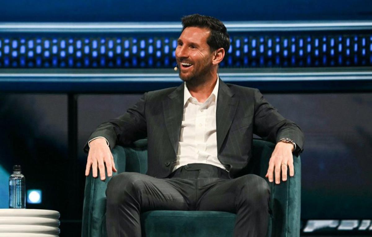 Argentine soccer player Lionel Messi speaks at the American Business Forum at the Kaseya Center in Miami on November 5, 2025. Chandan Khanna / AFP