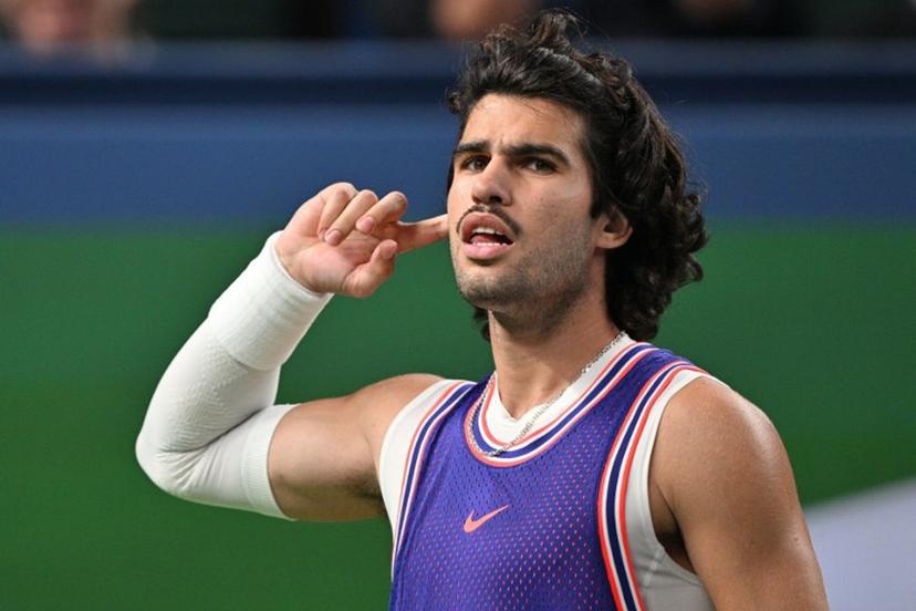 Spain's Carlos Alcaraz reacts during his men's singles match against Belgium's Zizou Bergs at the Shanghai Masters tennis tournament in Shanghai on October 12, 2026. Hector RETAMAL / AFP