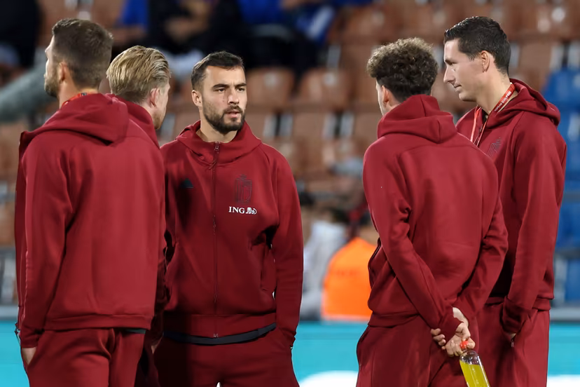 Belgium's Charles Vanhoutte, Belgium's Kevin De Bruyne, Belgium's Hans Vanaken, Belgium's Maxim De Cuyper and Belgium's Brandon Mechele pictured ahead of a soccer game between Belgian national soccer team Red Devils and Liechtenstein, in Vaduz, on Thursday 04 September 2025, the third (out of 8) qualification game for the World Cup 2026. BELGA PHOTO BRUNO FAHY