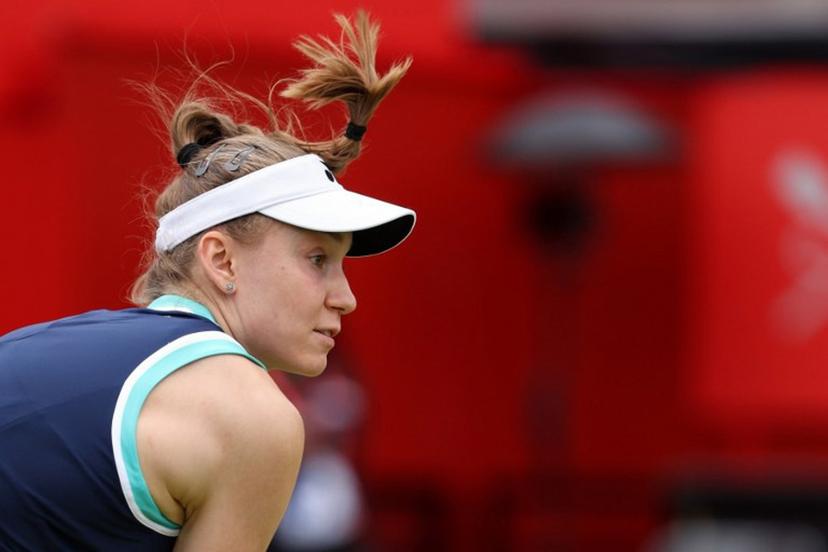 Kazakhstan's Elena Rybakina watches the ball after serving during her round of 16 women's singles match against Germany's Tatjana Maria at the HSBC WTA tennis Championships at Queen's Club in west London on June 12, 2026. Adrian Dennis / AFP