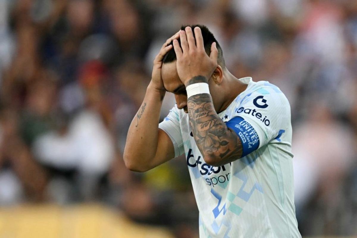 Inter Milan's Argentine forward #10 Lautaro Martinez reacts during the FIFA Club World Cup 2025 Group E football match between Mexico's Monterrey and Italy's Inter Milan at the Rose Bowl stadium in Pasadena on June 17, 2025. YURI CORTEZ / AFP