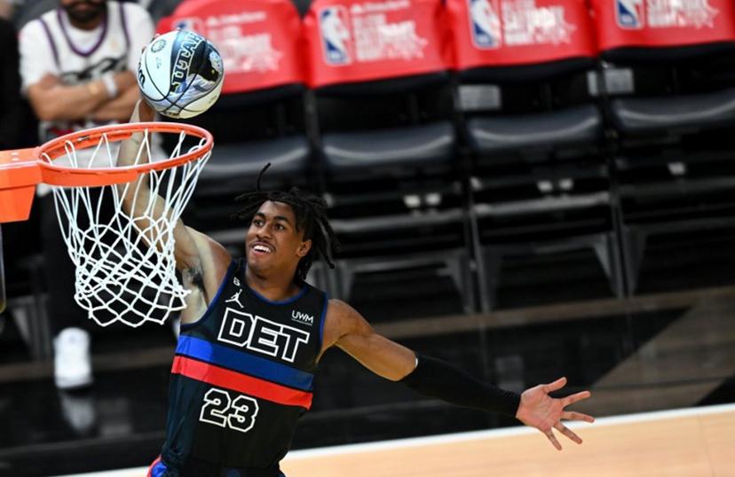 Detroit Pistons' Jaden Ivey scores during the Kia skills challenge relay during the NBA All-Star week-end in Salt Lake City, Utah, February 18, 2023. Patrick T. Fallon / AFP