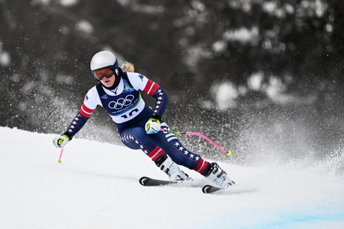 USA's Lindsey Vonn takes part in the second official training for the women's downhill event ahead of the Milano Cortina 2026 Winter Olympic Games at the Tofane Alpine Skiing Centre in Cortina d'Ampezzo on February 6, 2026. François-Xavier MARIT / AFP