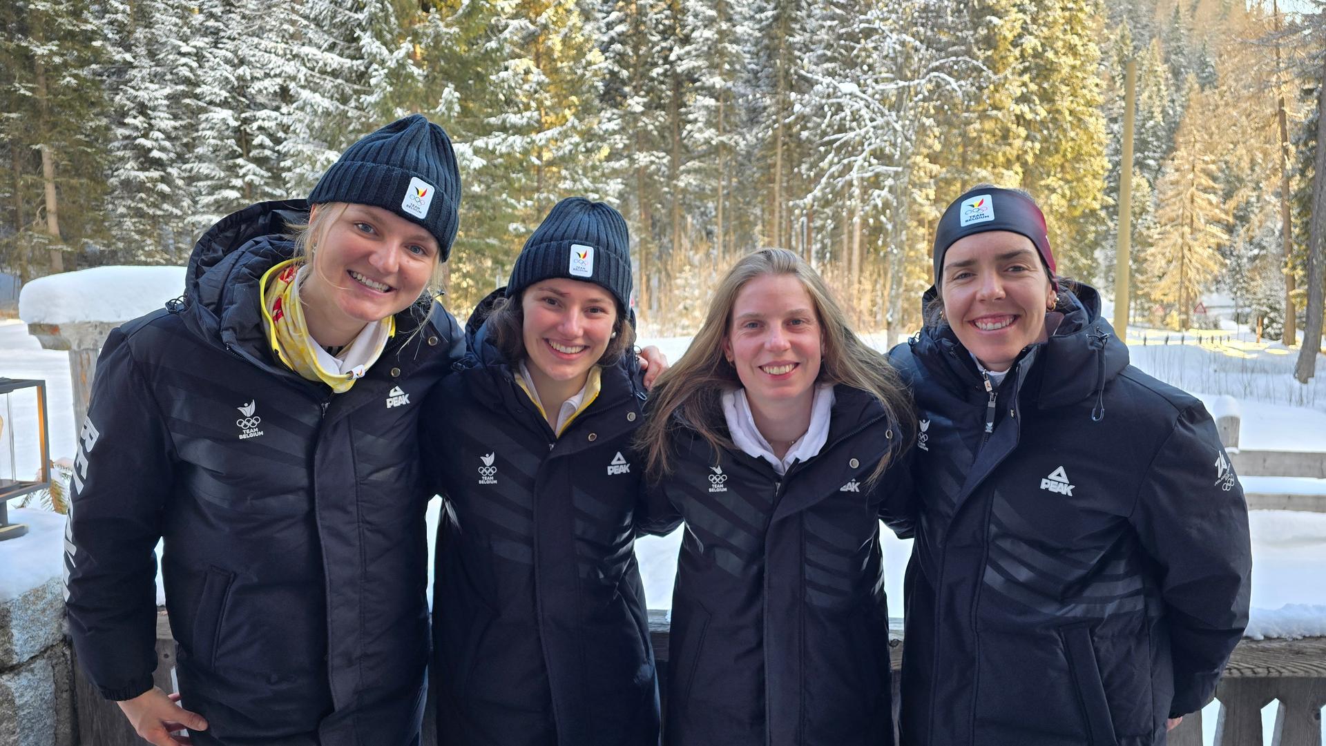 ATTENTION EDITORS - HANDOUT PICTURES - EDITORIAL USE ONLY - MANDATORY CREDIT BOIC-COIB - Handout pictures released on Monday 16 February 2026, by the Belgian International and Olympic Committee shows the Belgian Lynxes women's biathlon relay team Maya Cloetens, Marisa Emonts, Eve Bouvard and Lotte Lie in Anterselva, at the Milano Cortina 2026 Olympic Winter Games. *** Belga and Belga Editorial Board decline all responsibility regarding the content of this picture. *** PHOTO HAND OUT BOIC-COIB/ BENJAMIN WERY